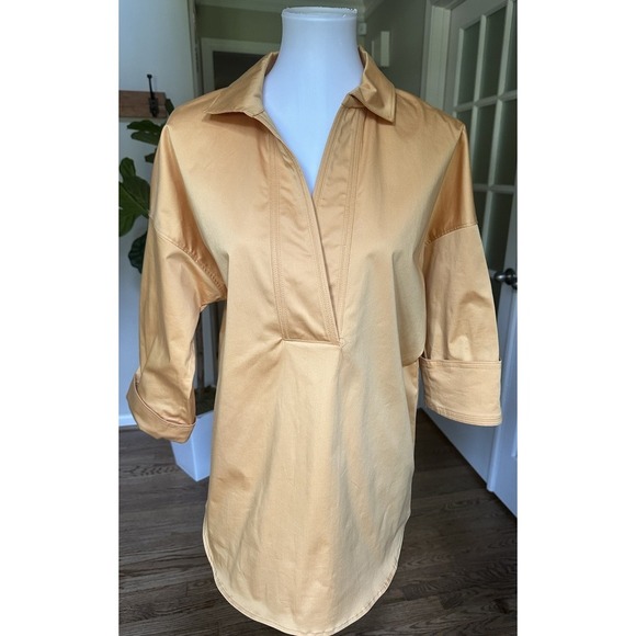 Elie Tahari Tops - Elie Tahari Blue Label Tunic Blouse M Gold Cotton Blend 3/4 Sleeve V-Neck Top